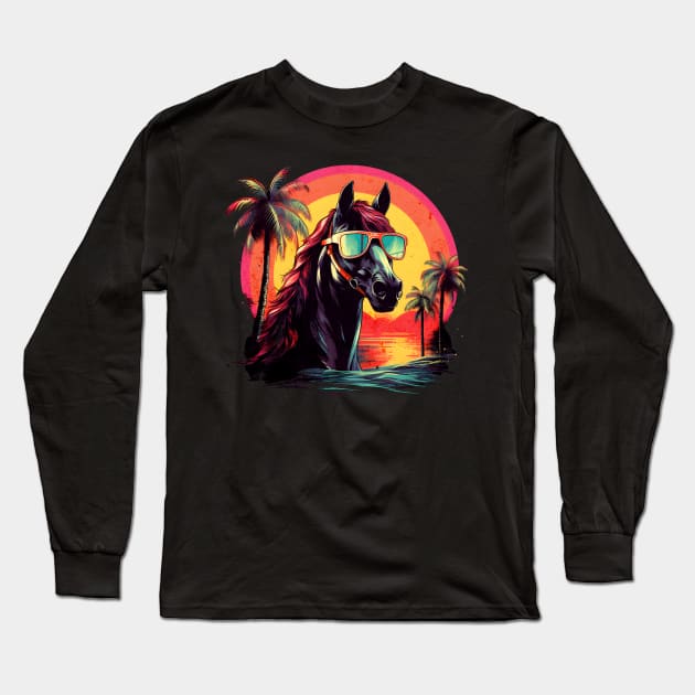 Retro Wave Arabian Horse Long Sleeve T-Shirt by Miami Neon Designs